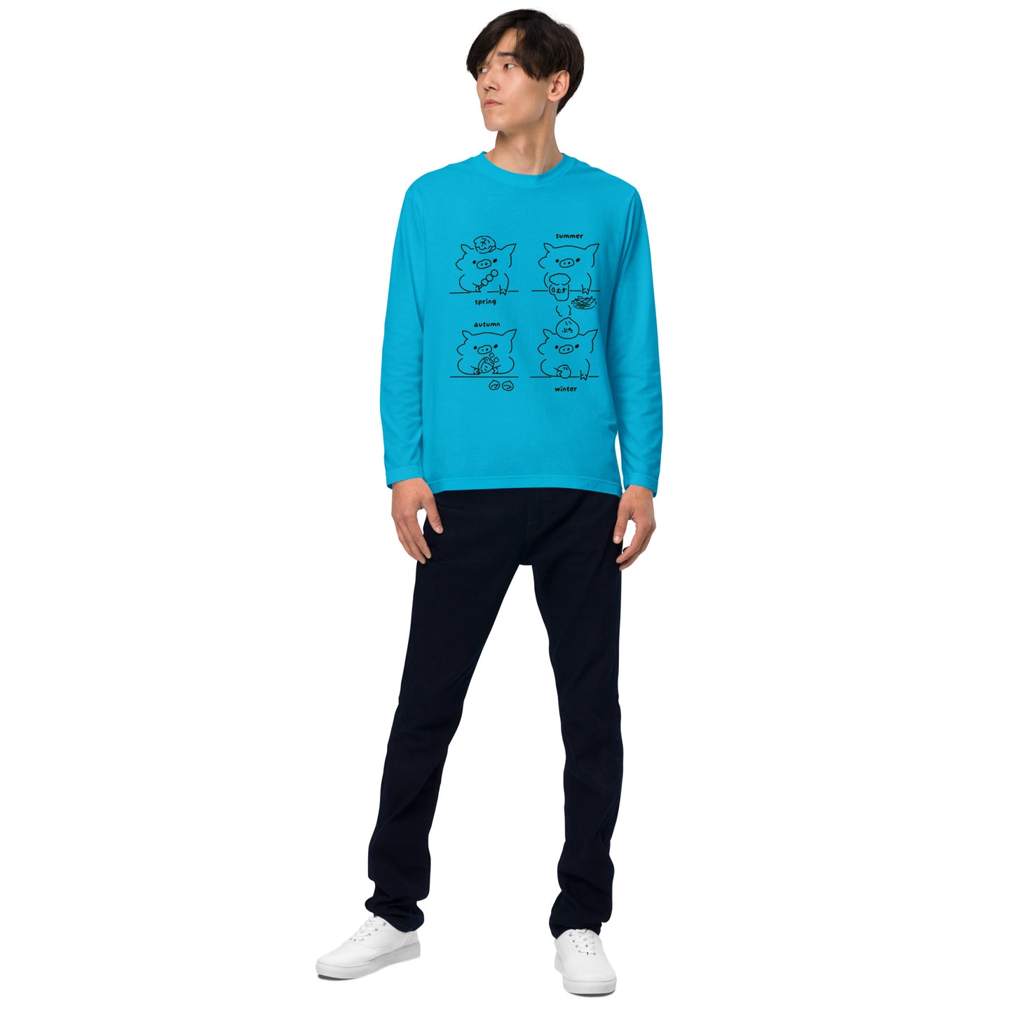 とんかつ 春夏秋冬 長袖Tシャツ(線画バージョン)