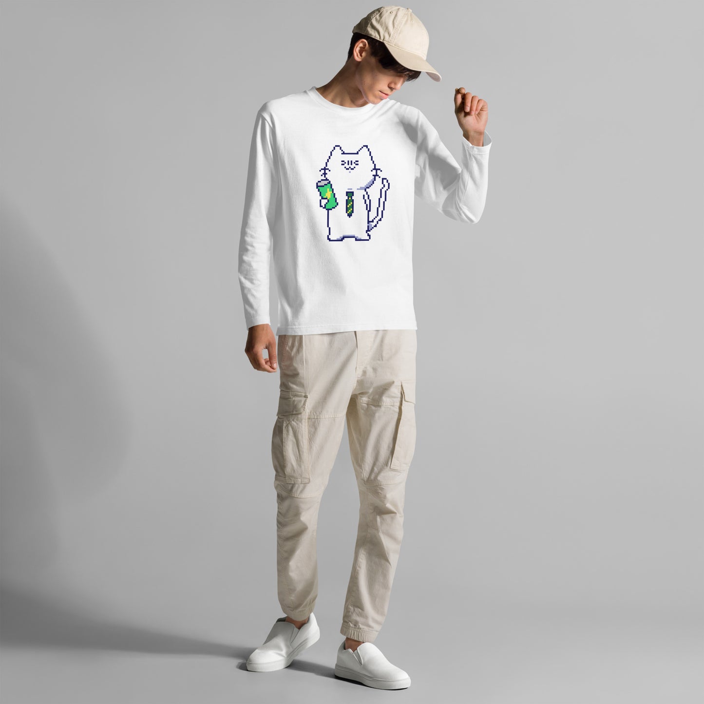 ゲーミング激務猫(炭酸つよめ) 長袖Tシャツ
