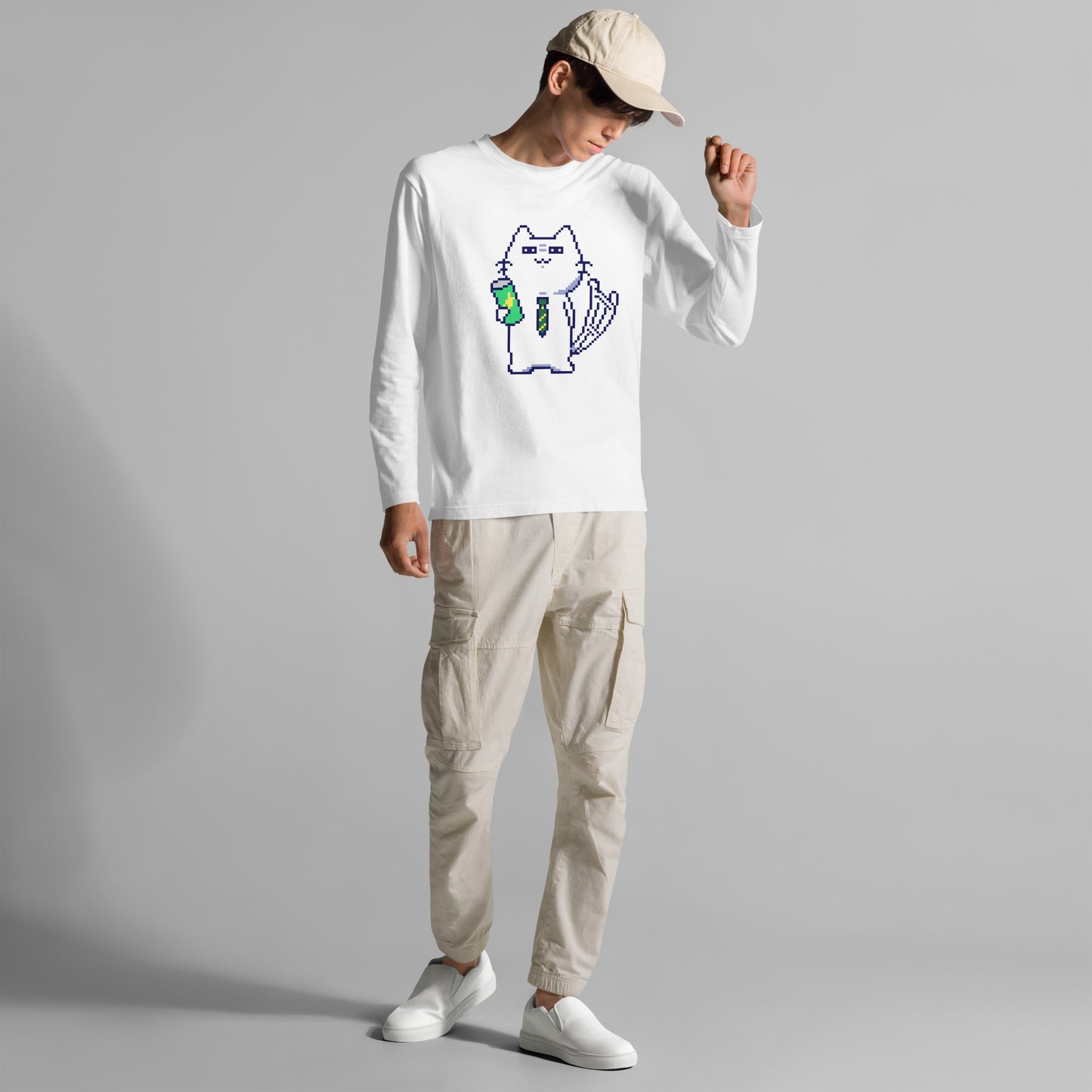 ゲーミング激務猫(不機嫌) 長袖Tシャツ