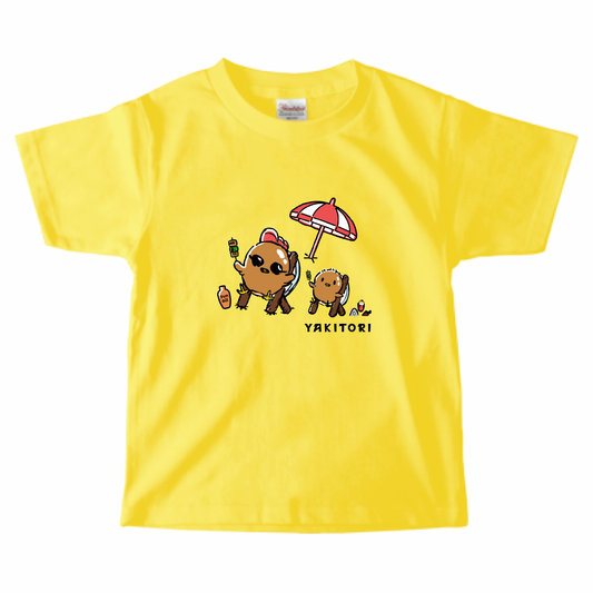 【キッズ】 にわとりさんとひよこの日光浴Tシャツ（イエロー）