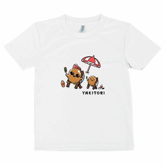 【キッズ】 にわとりさんとひよこの日光浴 ドライTシャツ（ホワイト）